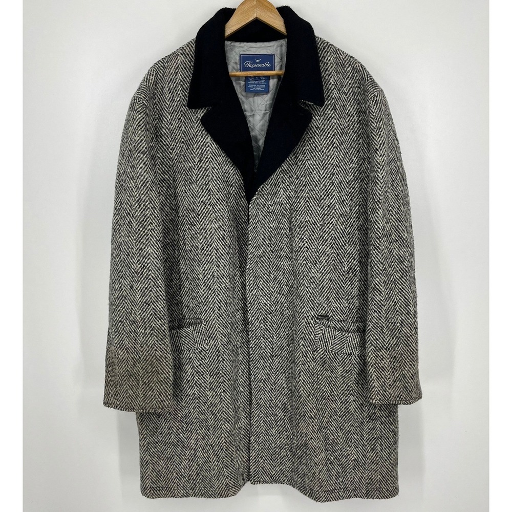Faconnable Mens Herringbone Wool Alpaca Blend Overcoat Grey Black XL
